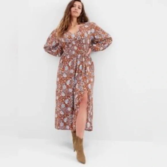 GAP Brown and White Long Sleeve V-Neck Sundress small - Picture 1 of 8